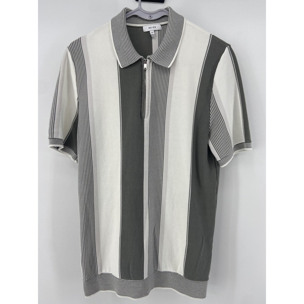 Reiss Shirt Mens Medium Green Stripe Nicky 1/4 Zip‎ Polo Stretch Casual Knit